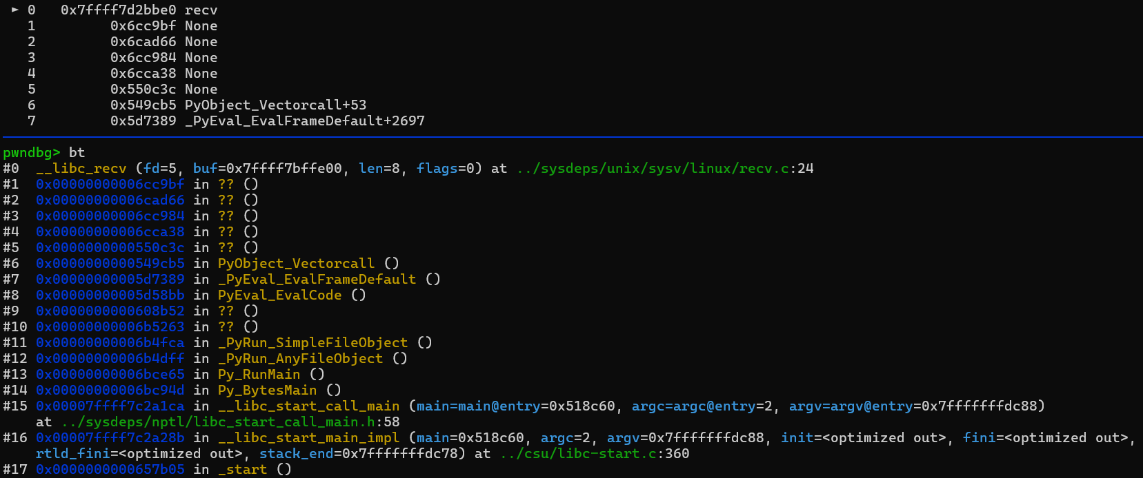 pwndbg 里断在 recv()