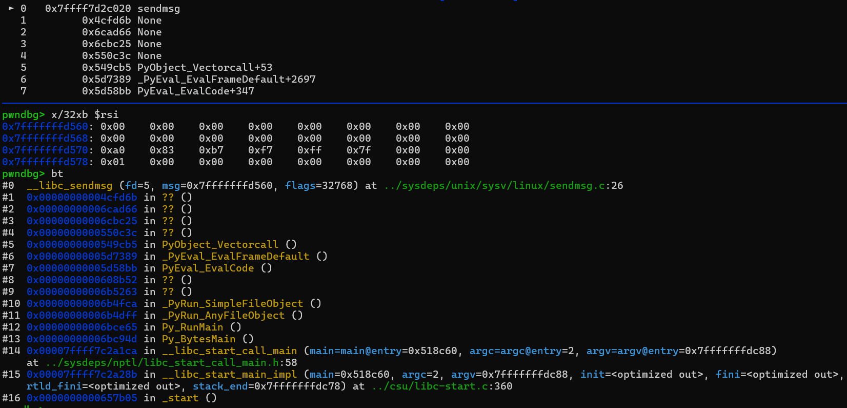 pwndbg 里断在 sendmsg()