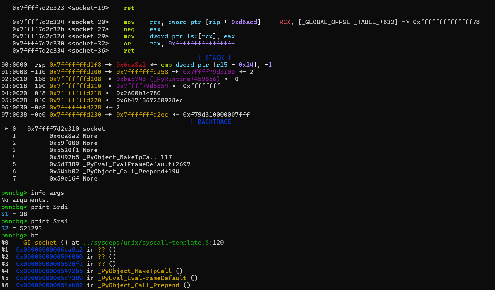 pwndbg 里断在 socket()