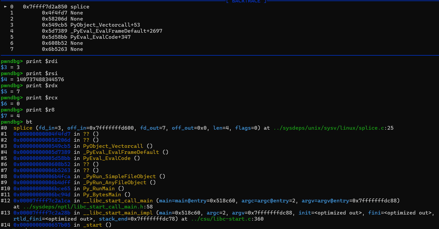 pwndbg 里断在第一次 splice()