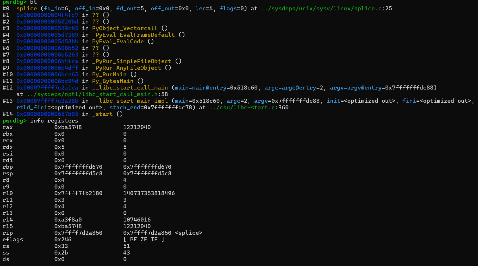 pwndbg 里断在第二次 splice()